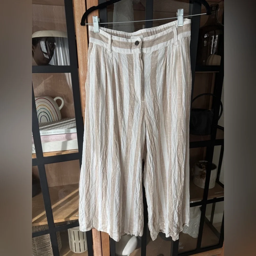 H&M linen pants wide leg cropped striped beige sand pockets high rise trousers